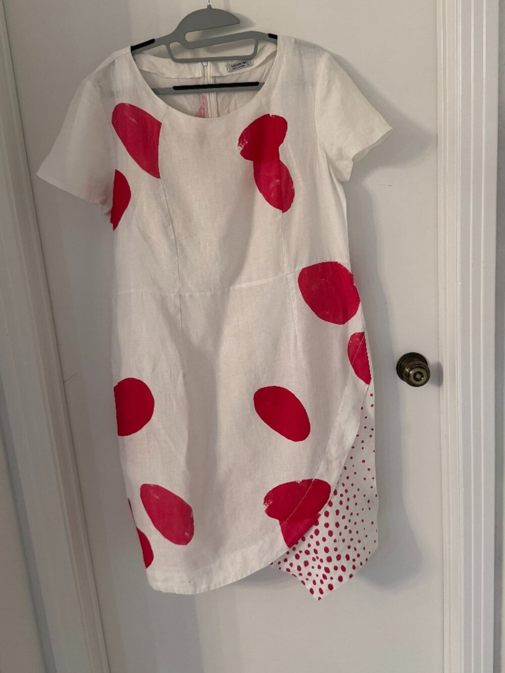 Banana Blue Linen Abstract Pink Spot Drip Asymmetric Midi Dress